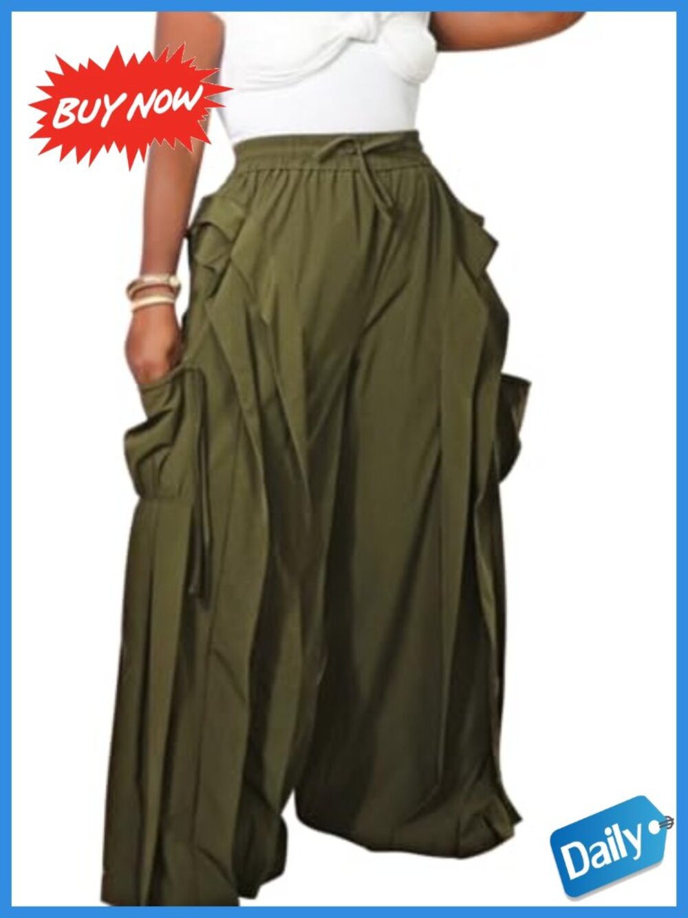 Women Ruffle Patchwork Cargo Wide Leg Parachute Pants Polyester Blend